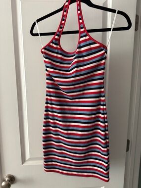SHEIN Red, White & Navy Striped Ribbed Mini Dress